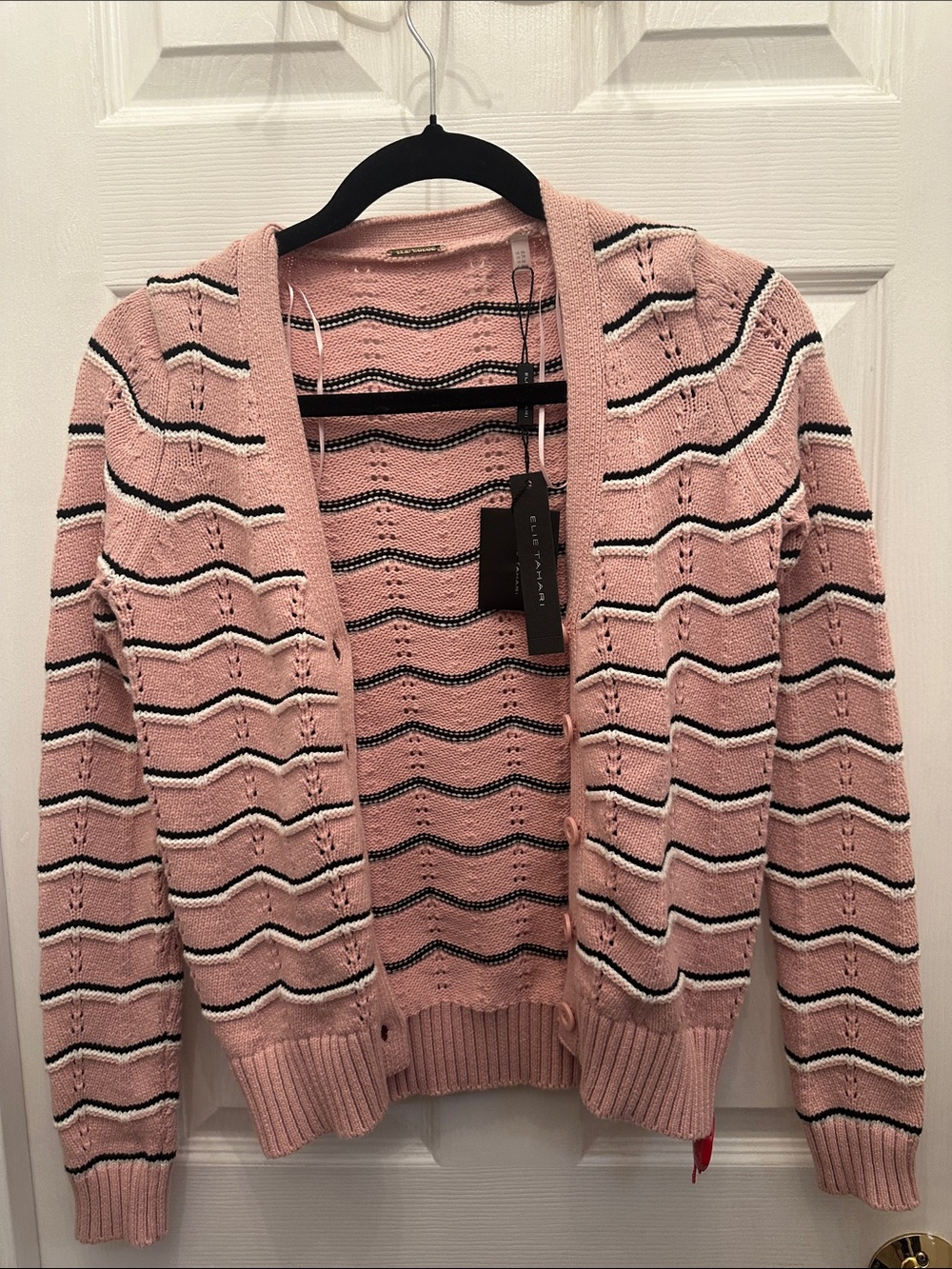 Elie Tahari Pink Striped Open-Front Cardigan